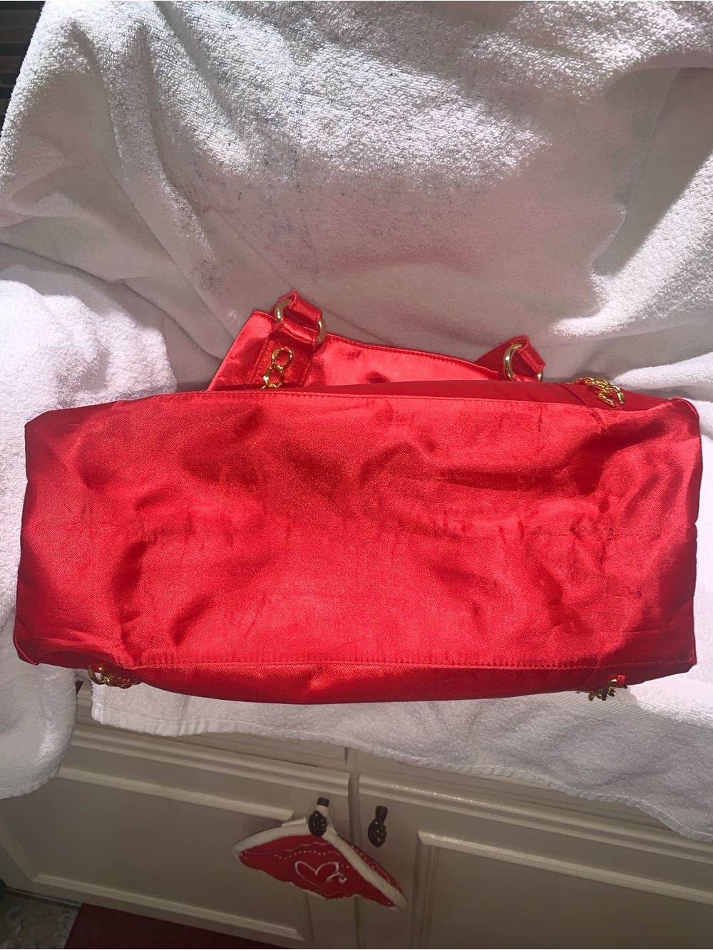bebe Red Satin Shoulder Tote with Gold Chain Accents - Picture 5 of 10